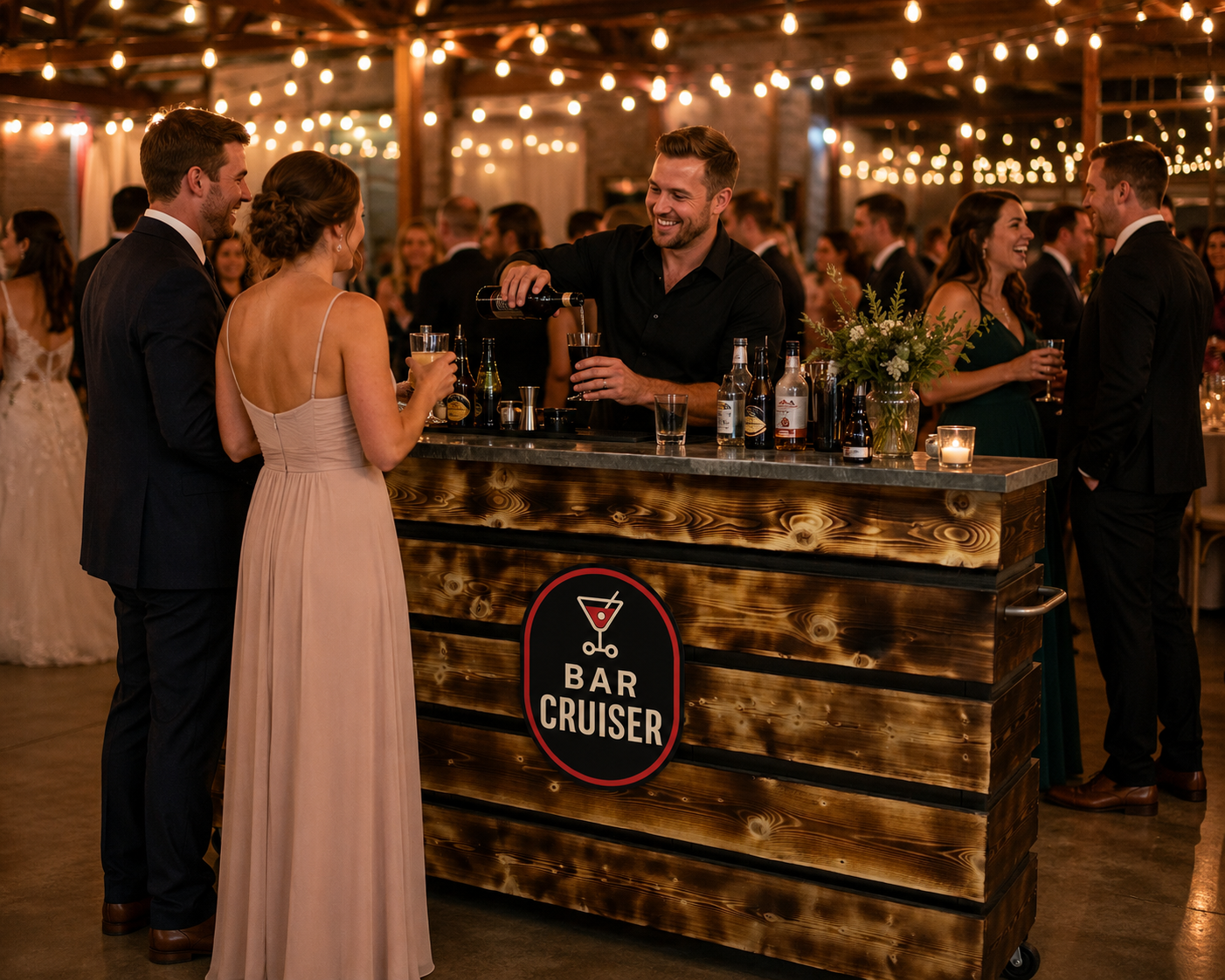 Bar Cruiser bartender pouring drinks at a wedding reception